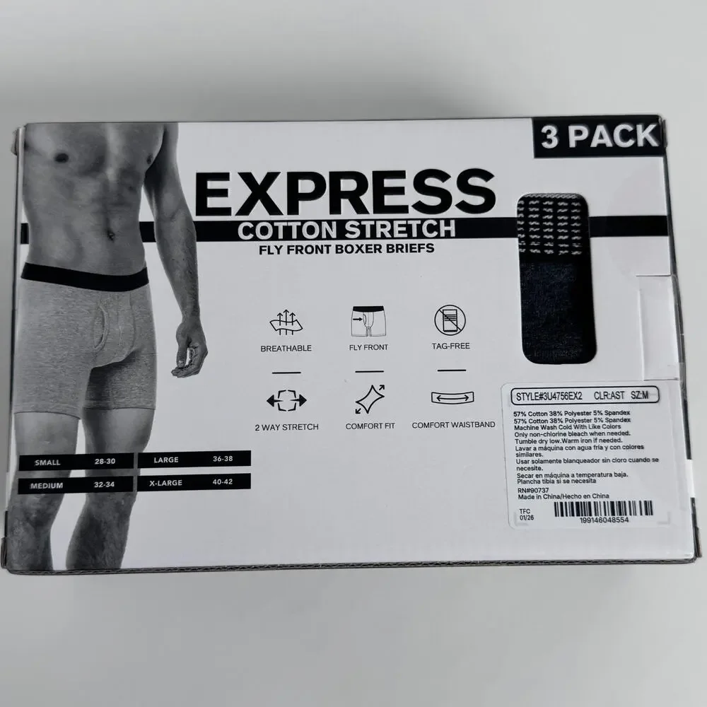 Express Men's Cotton Stretch Fly Front Boxer Briefs Medium (32-34) - 3 pack